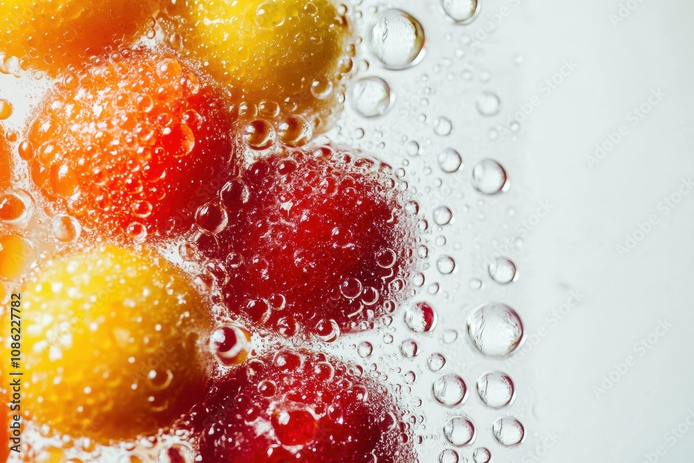 Poster Bright yellow and red fruits float in sparkling water, creating an enticing and refreshing drink ideal for summer days. Generative AI