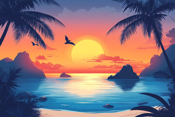 Fototapeta premium Tropical Sunset Over Calm Ocean and Silhouetted Islands