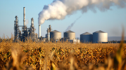 American cornfield with biofuel refineries in the background under clear blue skies during midday