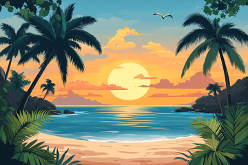 Fototapeta premium Tropical Beach Sunset Palm Trees Ocean Scene