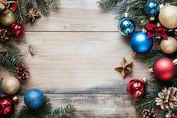 Christmas ornaments and pine branches on wooden background