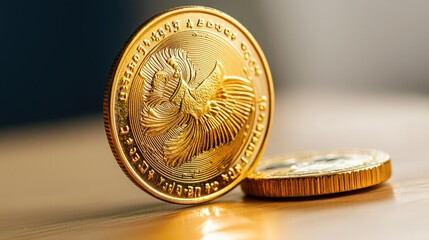 A close-up of a shiny gold coin resting on a wooden surface, showcasing its intricate design and glinting surface under soft light.