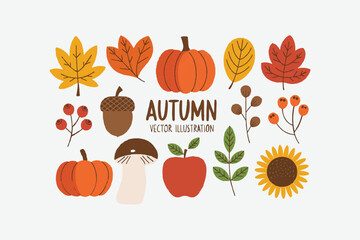 Hand-drawn autumn elements vector illustrations, easily editable 