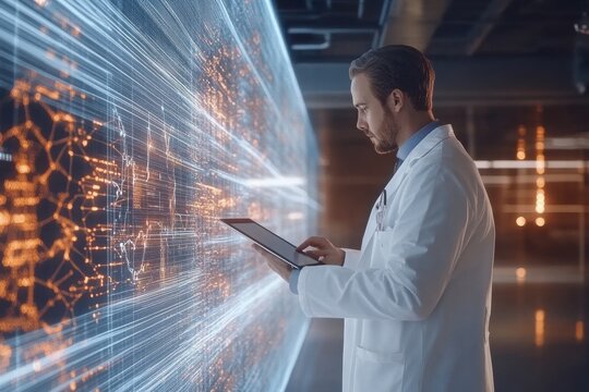 A doctor in a white coat focuses on a tablet, analyzing digital data in a modern medical research environment. Generative AI - Powered by Adobe