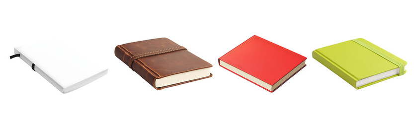 Four notebooks in varying colors: white, brown, red, and green, arranged in a line.