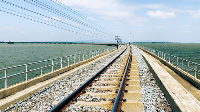 Scenic Railway Tracks Over Water Landscape