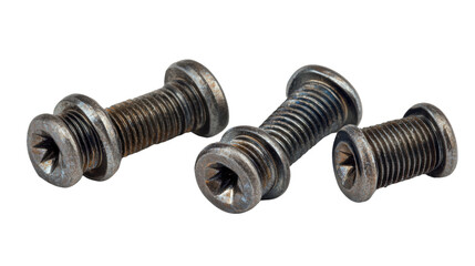 Three metal screws of varying sizes with threaded shafts and slotted heads, showcasing a worn and weathered appearance.
