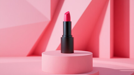 Bright pink lipstick displayed on a geometric pink backdrop in a modern aesthetic setup