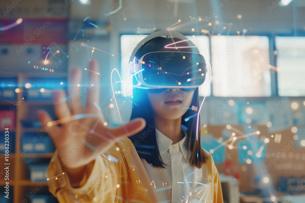 Wall mural school student with vr headset using ai artificial intelligence technology & machine learning.intera