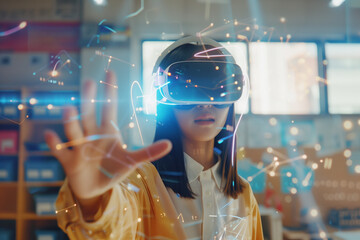School student with VR headset using AI artificial intelligence technology & machine learning.Interactive technology in classroom. Innovation & smart tech. AI blue hologram in education
