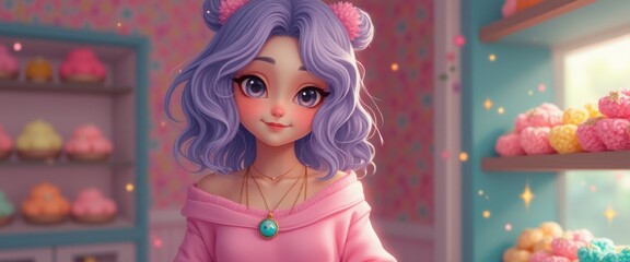 A whimsical girl with lavender hair and playful bear ears stands in a pastel-colored bakery, radiating sweetness and charm. Her large, expressive eyes and soft smile invite you into a world filled