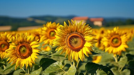Fototapeta premium Vibrant Sunflower Field Under a Clear Blue Sky
