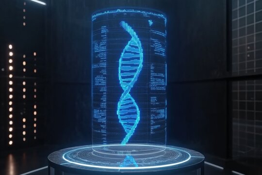 A holographic representation of a DNA helix stands in a modern lab, illustrating intricate genetic data and scientific advancements. Generative AI