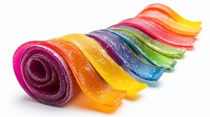 Rainbow fruit leather roll, colorful, sweet, chewy candy.