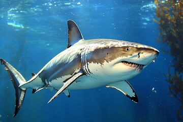 Fototapeta premium Majestic Great White Shark Swimming in Crystal Clear Waters