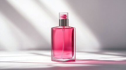 Elegant pink perfume bottle on a bright surface with soft shadows during daylight