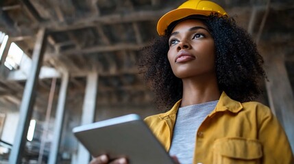 Female engineer in hardhat holding tablet, looking up thoughtfully in industrial setting.