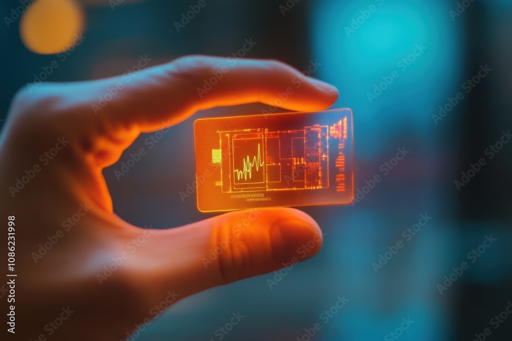 Aufkleber A hand holds a micro biochip displaying holographic health metrics, showcasing advancements in digital health technology and patient care. Generative AI