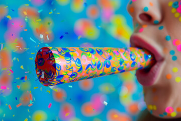 Noise Maker Being Used to Celebrate New Year Party in 2025 with Colorful Confetti Background and Copy Space