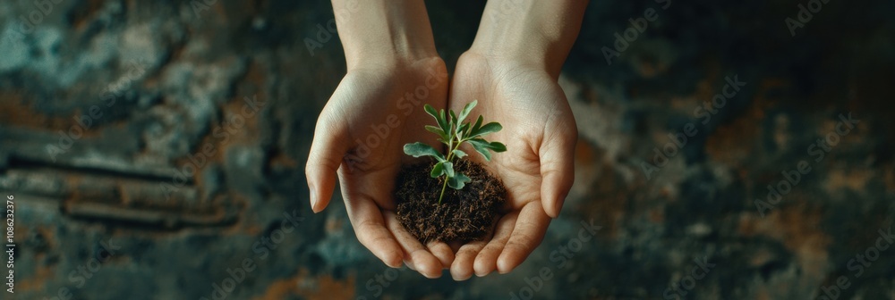Aufkleber Hands gently support a small green seedling rooted in dark soil, emphasizing care and connection to nature in a bright setting. Generative AI