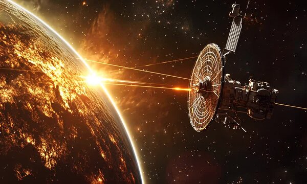 Spacecraft Firing Energy Beams at an Exploding Planet