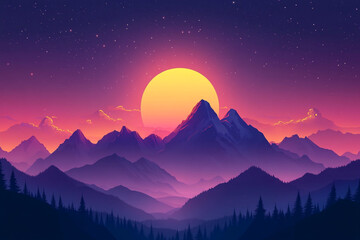 Majestic Mountains Sunset Under Starry Night Sky