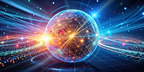 Obraz premium Abstract energy sphere emitting bright particles on futuristic hi-tech background, energy, sphere, glowing, particles