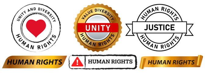 Human rights equality diversity unity justice social issues peace no violation discrimination democracy stamp colorful badge emblem sticker label banner ribbon design icon set collection