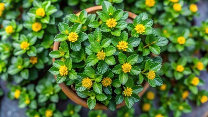 Top view of herb ShenJinCao with green leaves and small yellow flowers