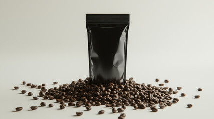 tall black pouch packaging surrounded by coffee beans, showcasing freshness