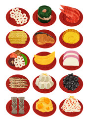 おせち料理品目セット_赤小皿　水彩風手描きイラスト