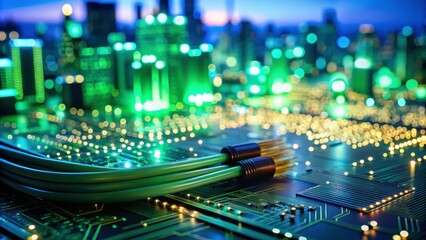 Fototapeta premium Close-up of a circuit board with green fiber optic cables, illuminated against a cityscape backdrop