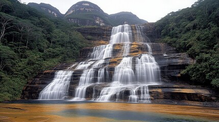 Majestic Waterfall Flowing Over Multilayered Rock Formation Surrounded by Lush Green Forest in Outdoor Nature Scene Perfect for Travel and Adventure Enthusiasts