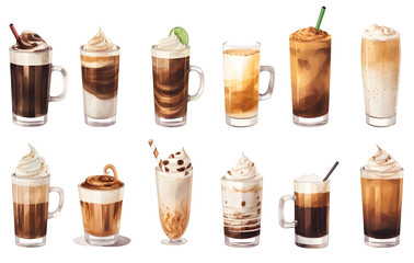 Different colored and different drinks in glasses such as tea, juice, coffee, isolated on white background.