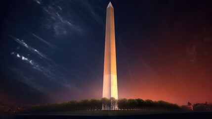 Obraz premium Stunning View of the Washington Monument Bathed in Sunset Colors Over DC Skyline