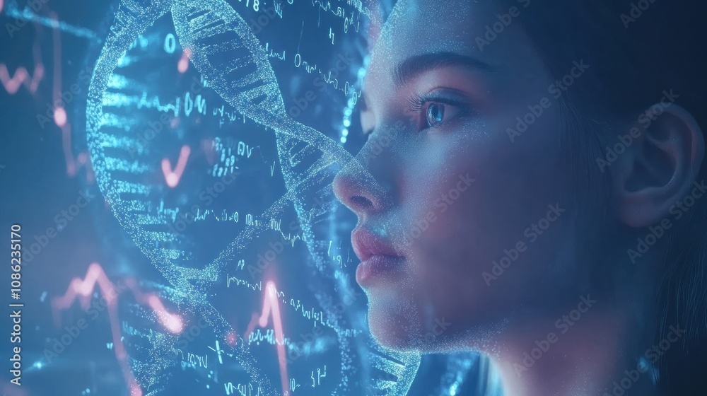 Poster a woman contemplates as holographic dna strands and genetic data float, showcasing the blend of scie