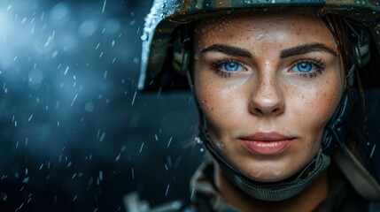 A brave girl soldier stands tall in the rain, her helmet glistening, embodying strength and resilience in tough times.