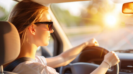 Naklejka premium A woman enjoys a scenic drive on a tranquil country road at sunset, her sunglasses reflecting the golden hues.