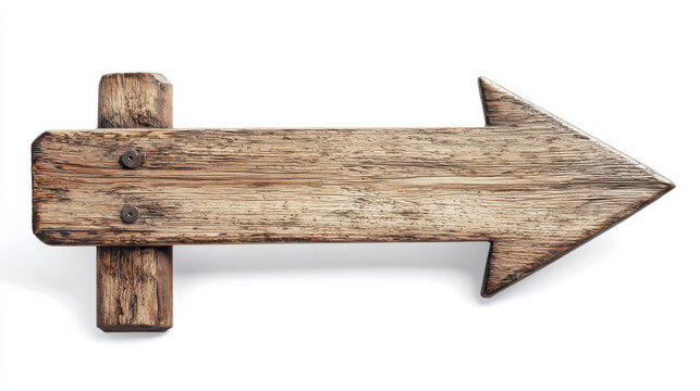 Wooden arrow signpost pointing right on white background