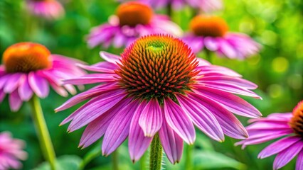 Beautiful close-up of blooming Echinacea Purpurea Maxima in a garden against a lush green background, healing