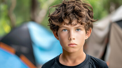 A young boy in a simple black tee enjoys time outdoors, surrounded by tents and the beauty of nature.
