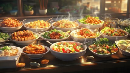 Fototapeta premium Asian food buffet in restaurant multiple food dishes and salad. food vectors. Ultra realistic. Photorealistic