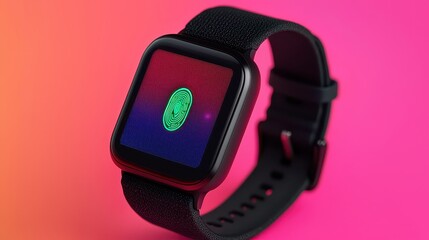 Fototapeta premium A sleek smartwatch displays a vibrant fingerprint design on a colorful gradient background, merging technology and style.