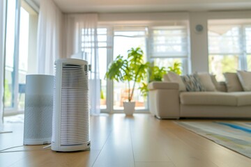 Air purifier on wooden floor in bright living room with plants and sofa in the background