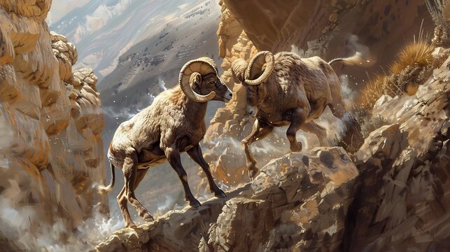 Bighorn sheep battling dominance on rocky cliffs their impressive horns and rugged terrain highlighting their strength and resilience