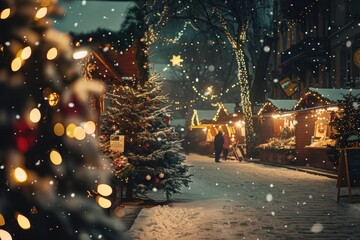 Snowy Christmas market with decorated trees, lights, and festive booths under a wintry night sky