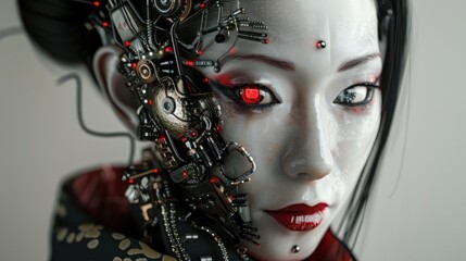 Portrait of modern Japanese cyborg geisha woman metallic cybernetic ornament, AI generated image