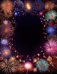 Fireworks are lit up in the night sky with a black background, frame , space for text