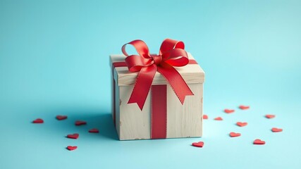 A beautifully designed gift box made of wood or cardboard features a ribbon tied in a bow with a few scattered hearts around it, ribbon, love, furniture