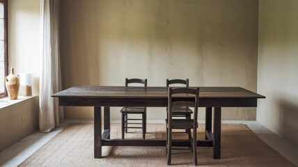 Minimalist Dining Room with a Wooden Table and Chairs in Natural Light